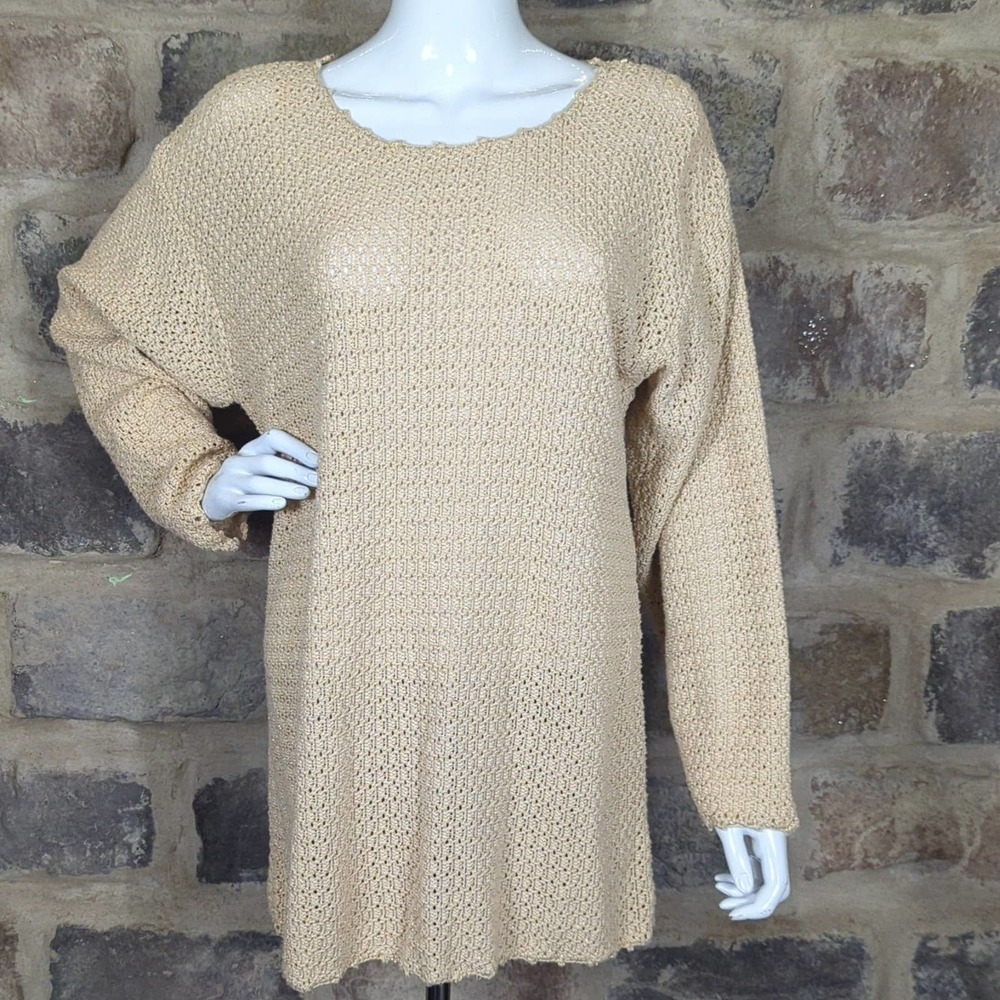 Liz Sport Sweater‎ Woman's Size Medium Tan Gold Loose Knit Oversized Long Sleeve
